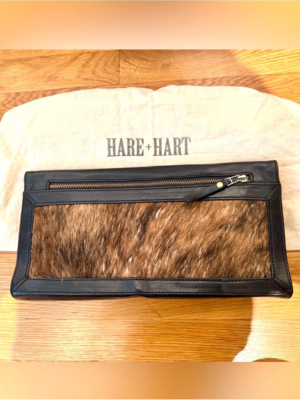 Hare + Hart Brown & Black Hair-on Hide Leather Trimmed Clutch Bag